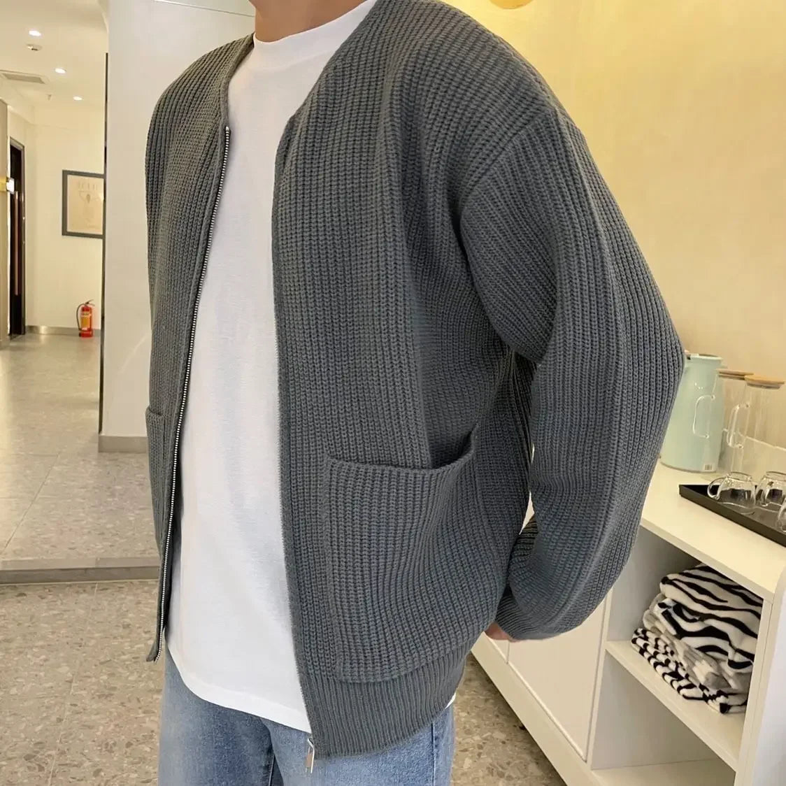 Men's Knitted Zip-Up Cardigan – Korean Style Sweater