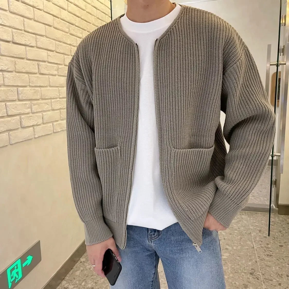 Men's Knitted Zip-Up Cardigan – Korean Style Sweater