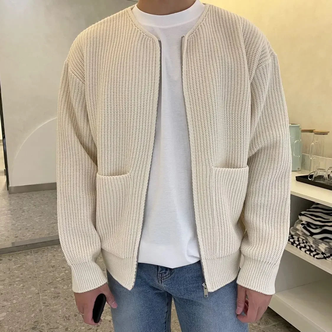 Men's Knitted Zip-Up Cardigan – Korean Style Sweater